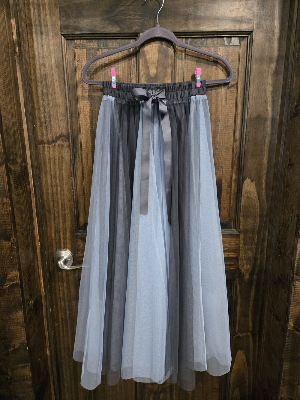 Elegant Light Blue and Gray Tulle Maxi Skirt with Satin Tie NWOT